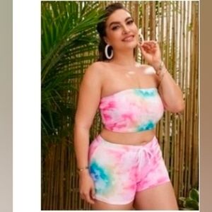 SHEIN Pink Blue Tie-Dye Bandeau Top and Shorts Set